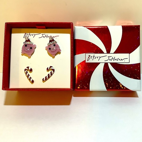 Betsey Johnson Christmas Pig & Candy Cane Earring Set New - Picture 2 of 3